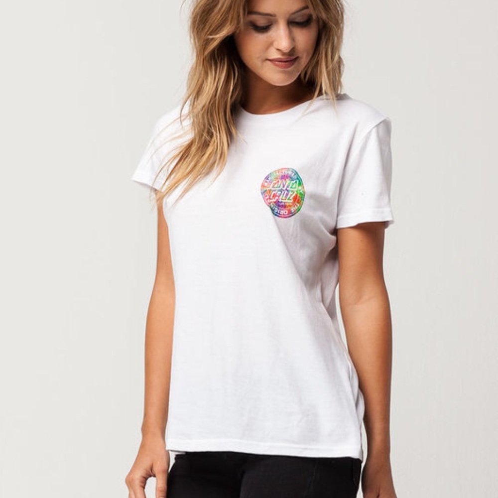 White Short Sleeve Tee with Small Rainbow Patch